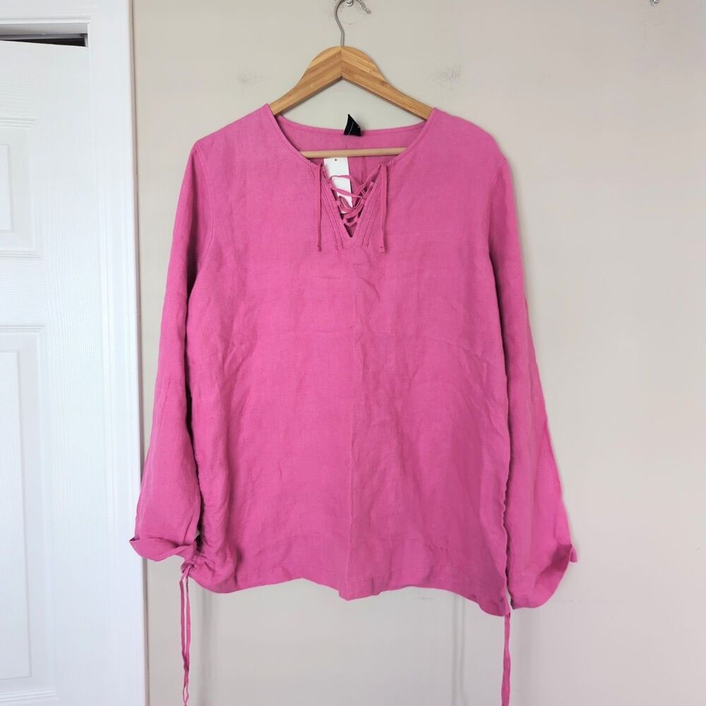 GAP NWT Pink 100% Linen Lace Up Cinch Hem Long Sleeve Shirt XL Lagenlook